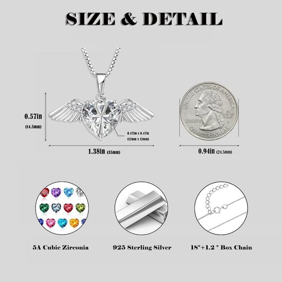 Angel Wings Necklace Sterling Silver Love Heart Birthstone for Women - Picture 6 of 6
